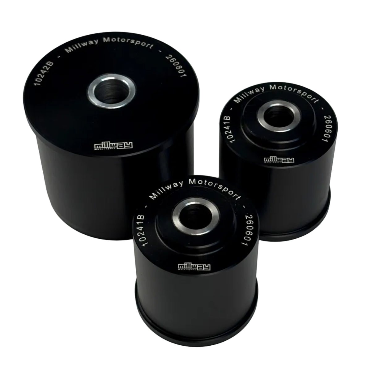 Millways black, Front Differential bushings kit for BMW 1M / M3 E8x E9x on white background.