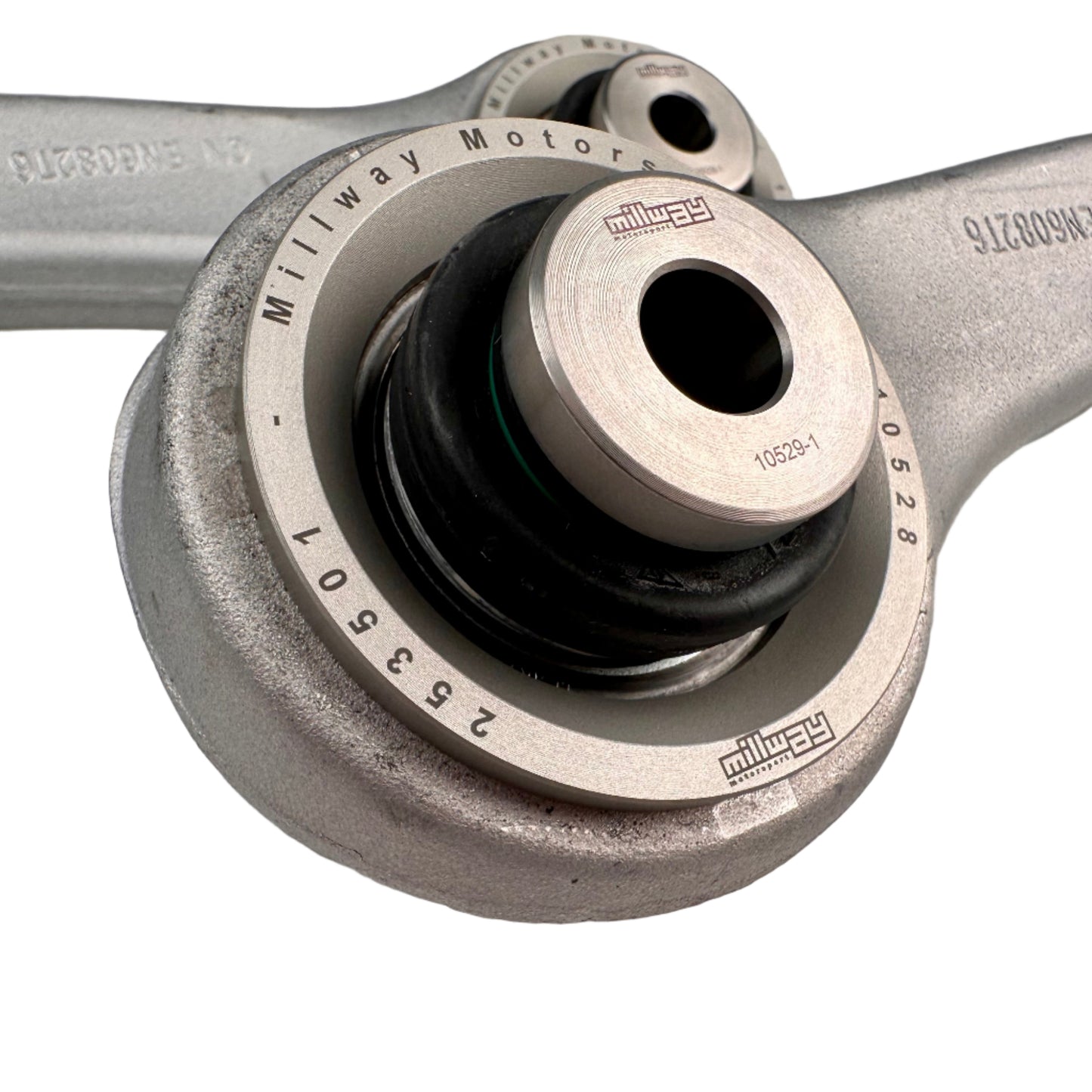 Millway M2 M3 M4 G8x Thrustarm Close-up of a metal connecting rod with visible branding on a gray background
