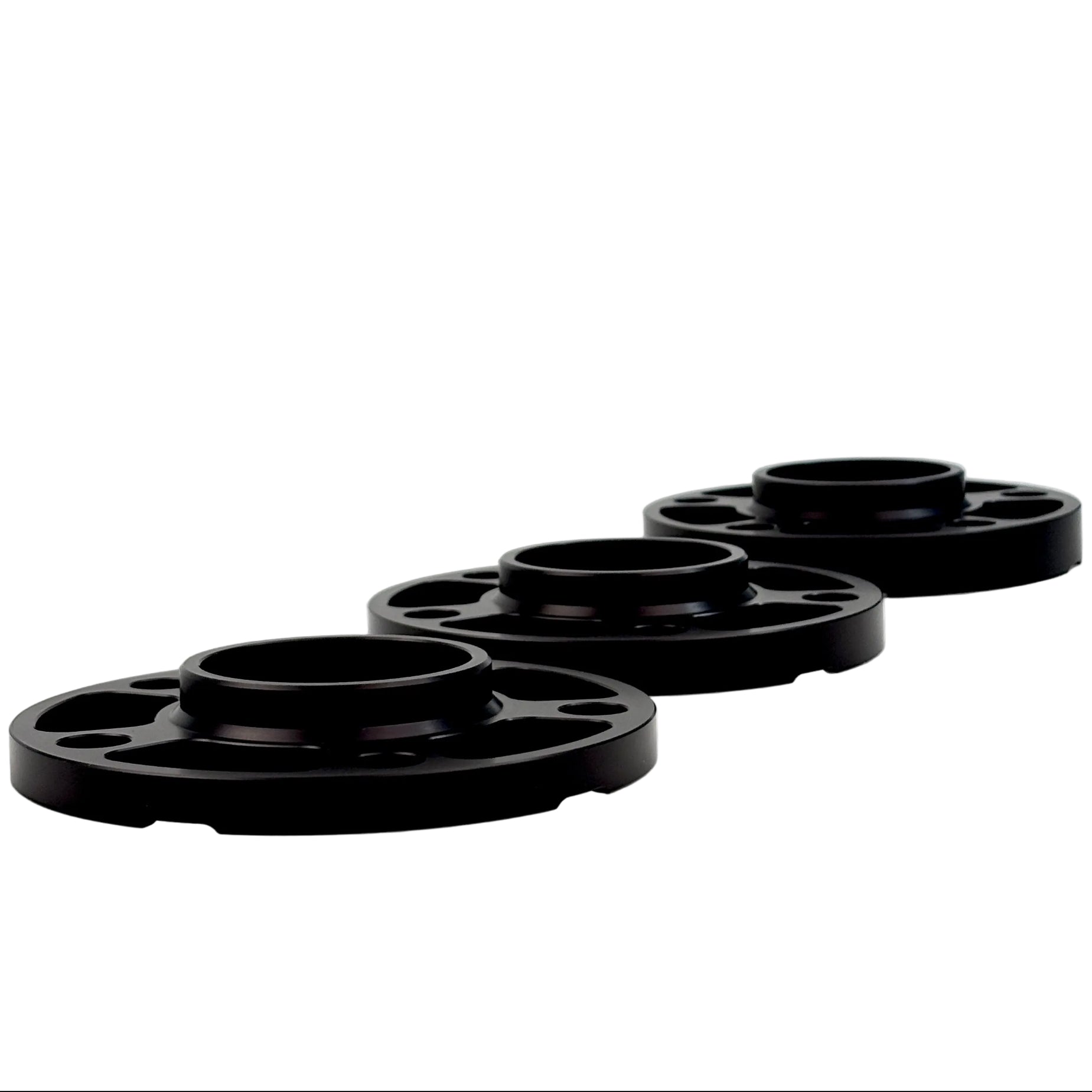 Black spacers on white background. Millway have 12mm,15mm,20mm and 25mm. On this picture you see 12,15 and 20mm.