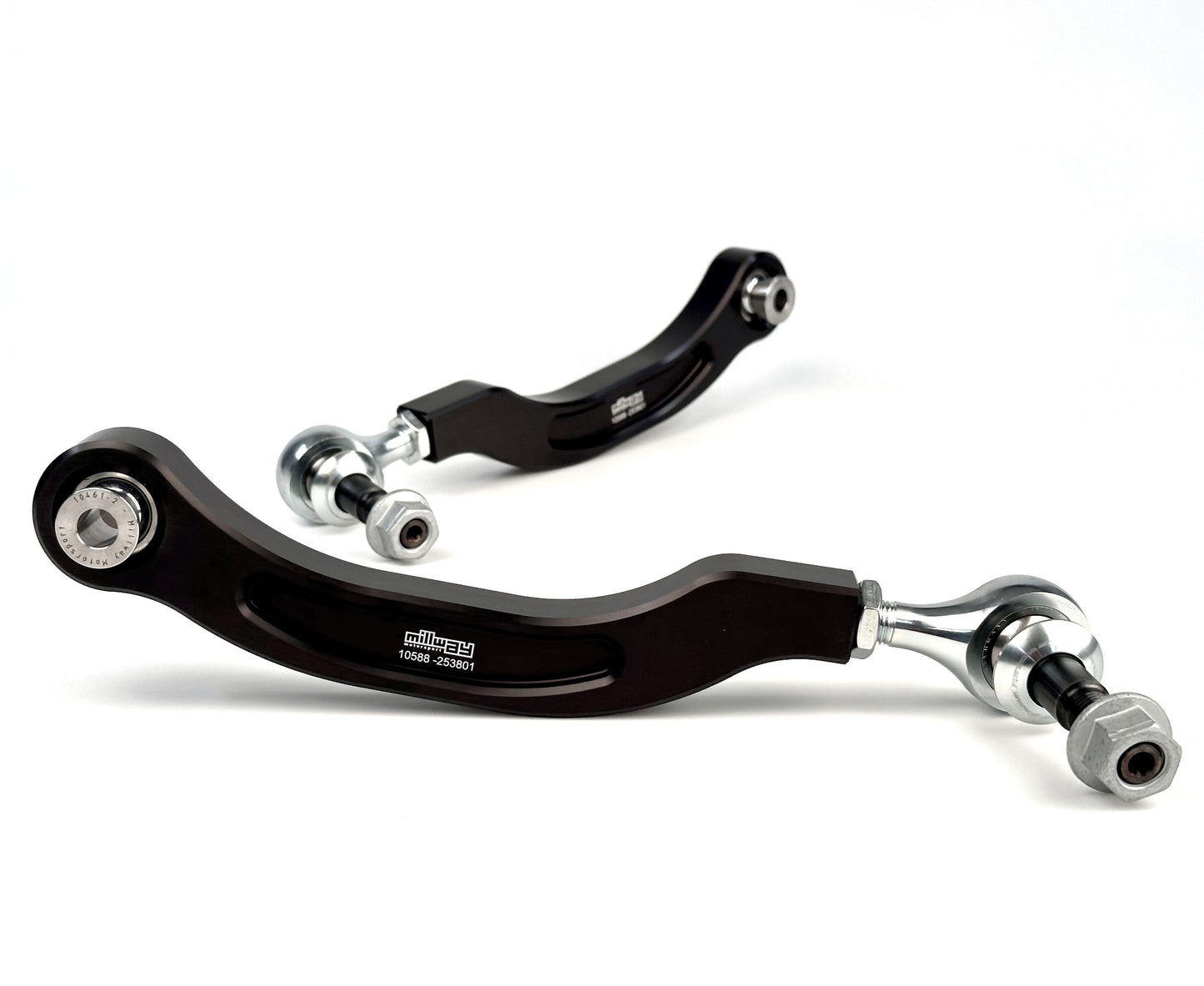 Black Millway control arms for BMW on a white background