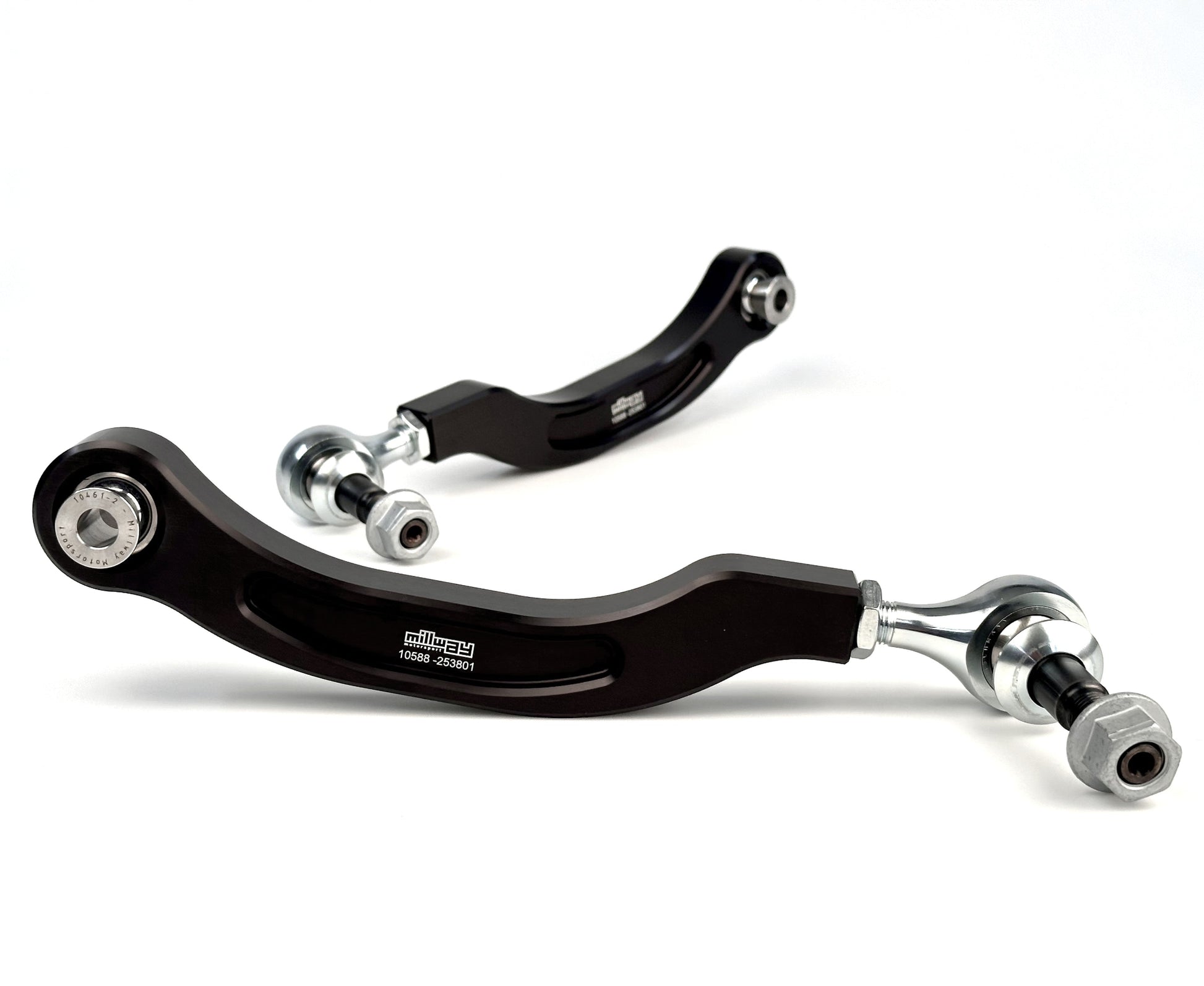 Black Millway control arms for BMW on a white background