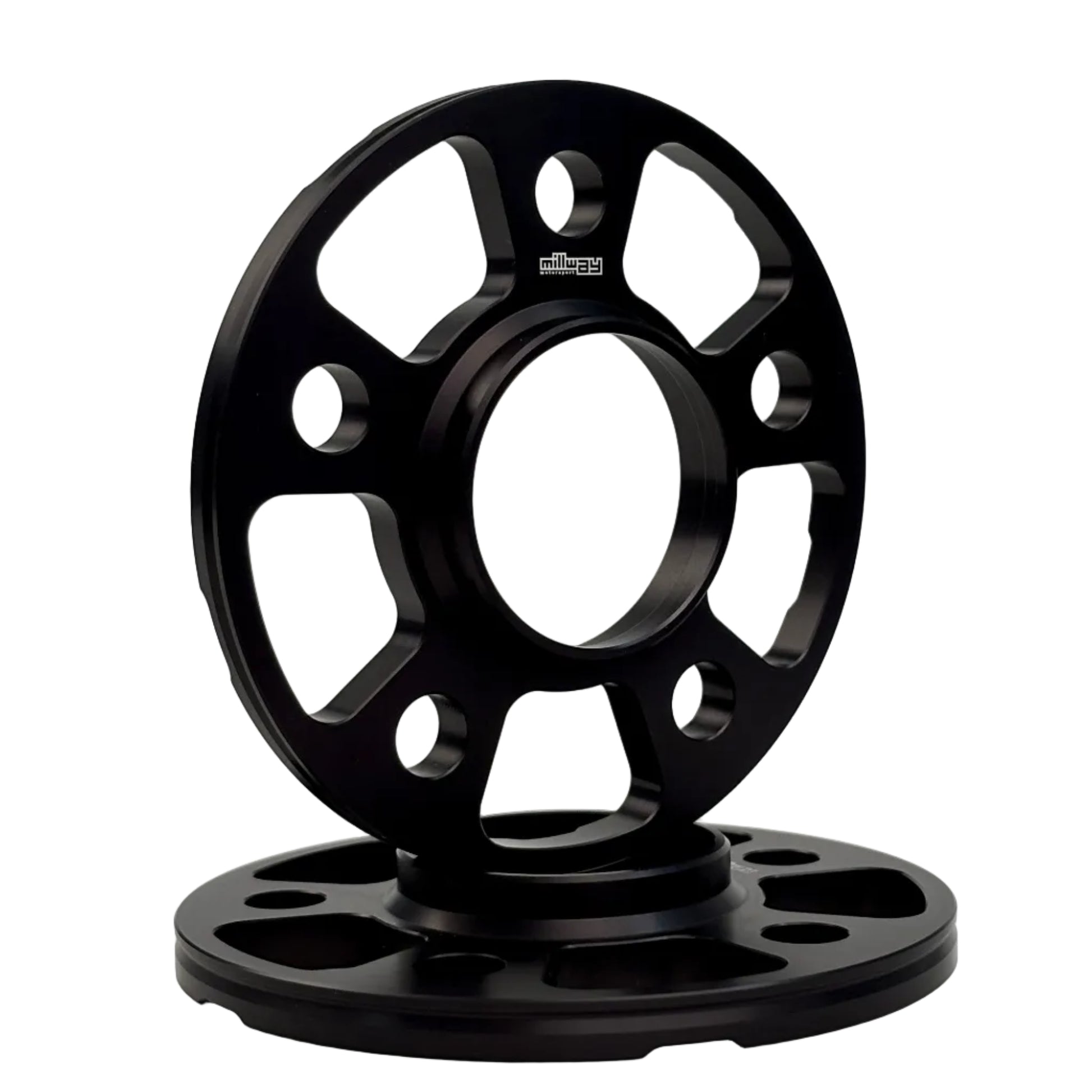 Black spacers on white background. Millway have 11mm,13mm,17mm and 21mm. 5x112.