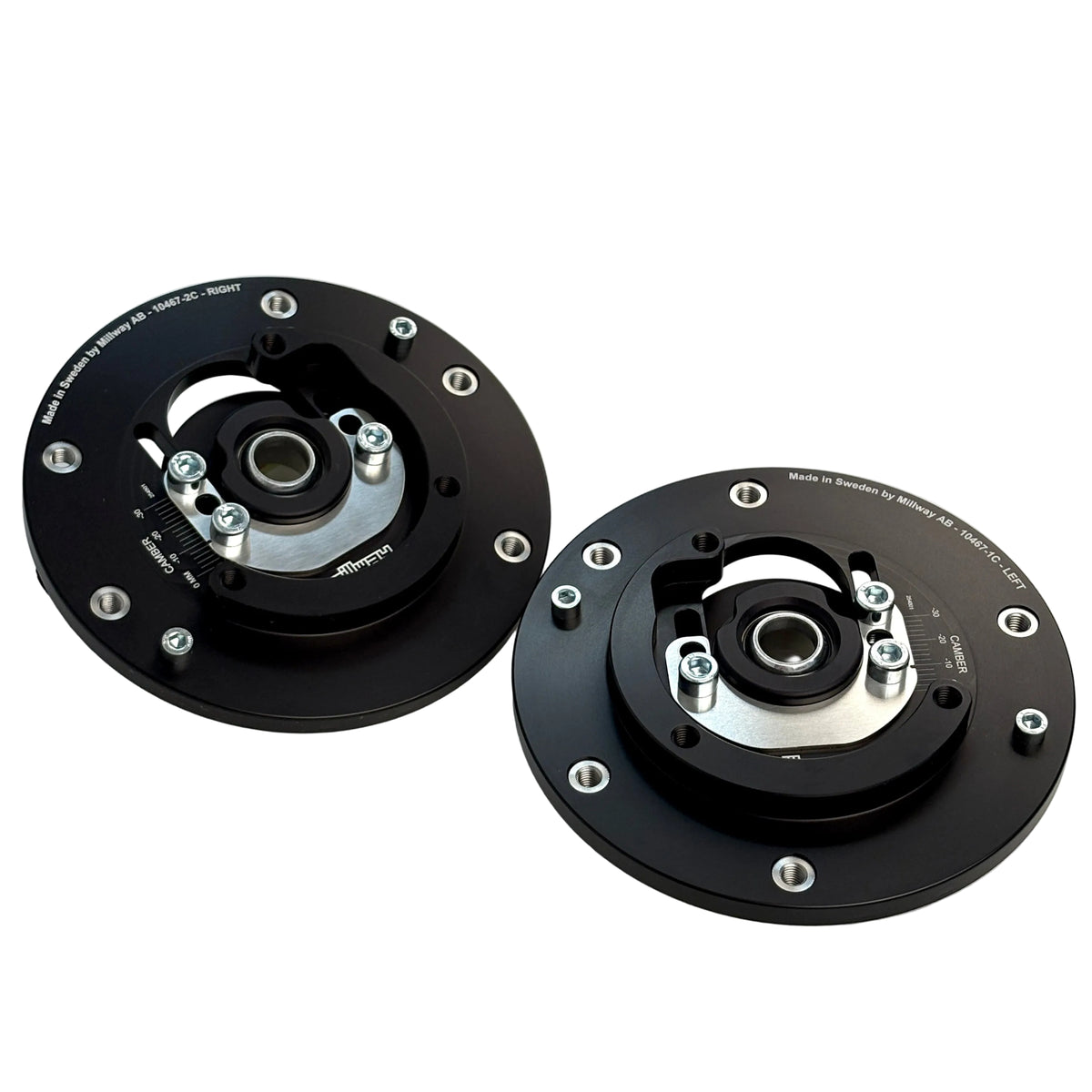 A pair of black Camber plates BMW M2Competition, M2CS, M3 F80, M4 F82 F83 With Millway logo