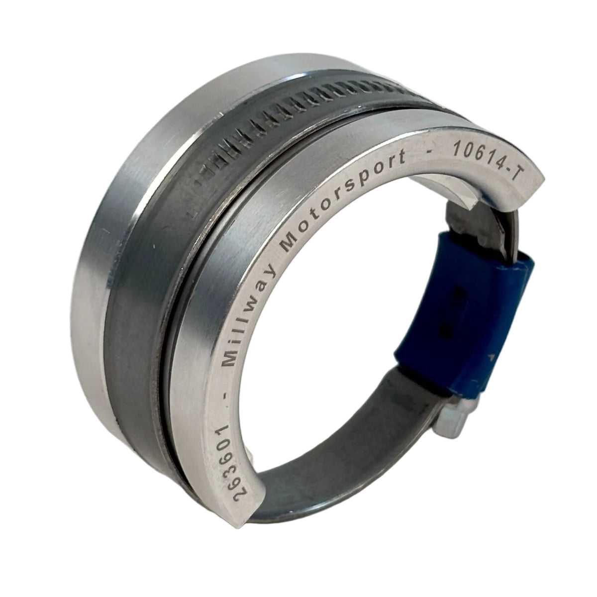 A silver metallic control arm tool for 90612 with engraved Millway Motorsport text and a hose clamp