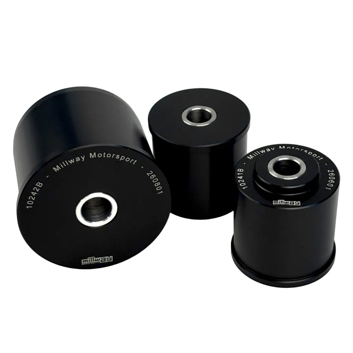 Millways black, Front Differential bushings kit for BMW 1M / M3 E8x E9x on white background.
