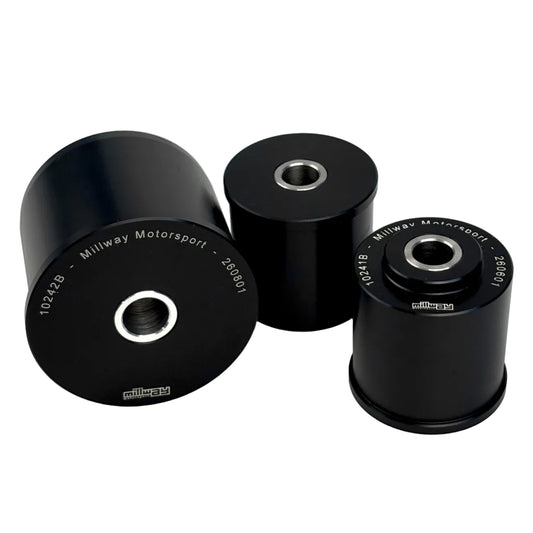 Millways black, Front Differential bushings kit for BMW 1M / M3 E8x E9x on white background.