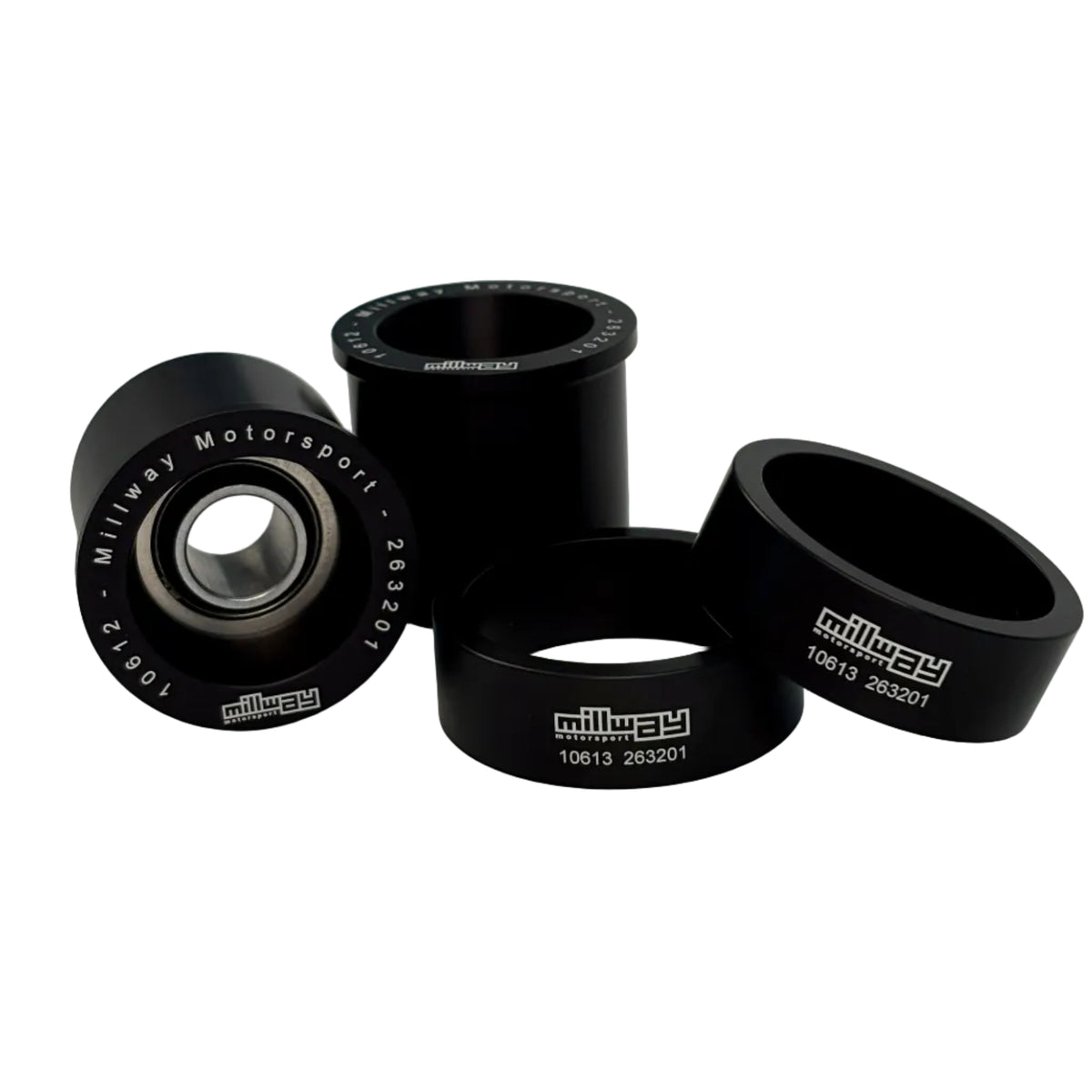 One pair, black, Millway inner lower rear bushing F-G-A-series on white backgound.