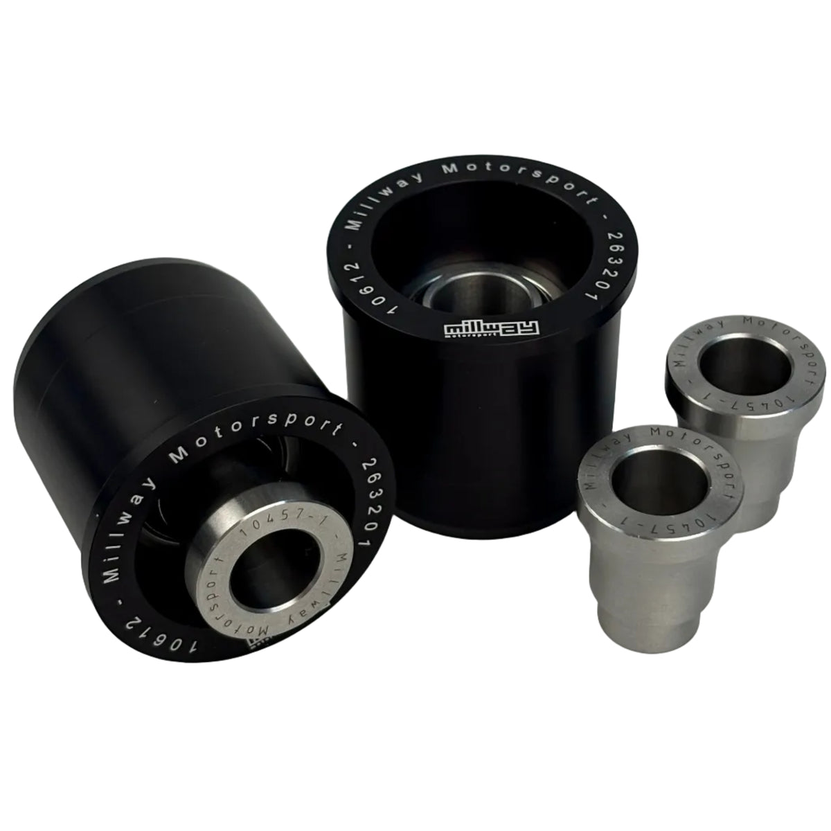 One pair, black, Millway inner lower rear bushing F-G-A-series on white backgound.