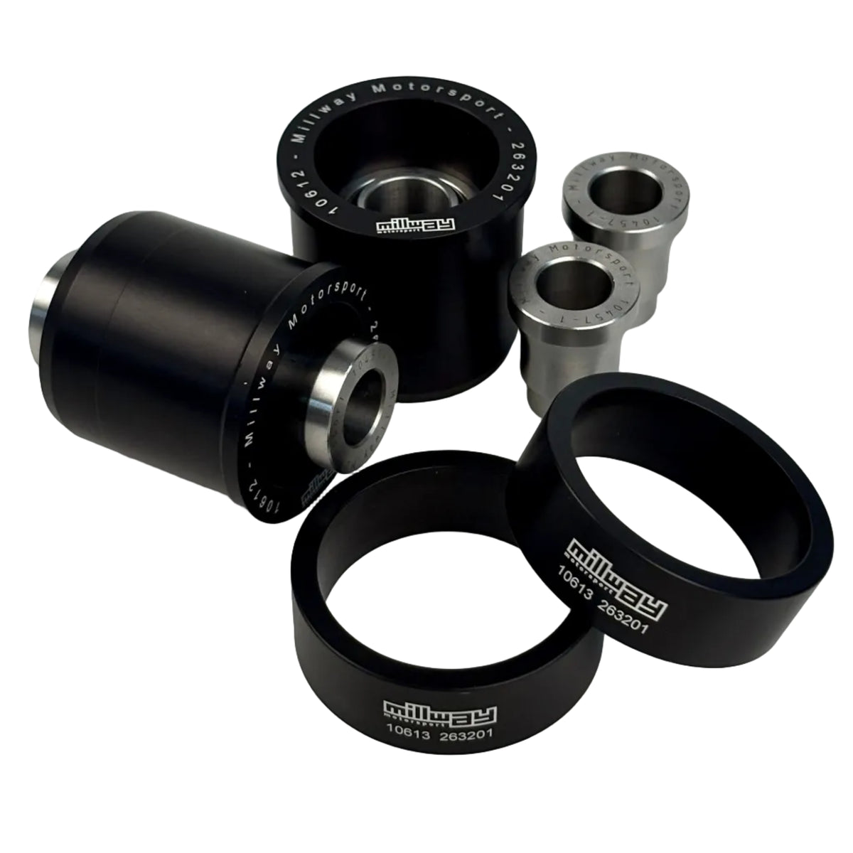 One pair, black, Millway inner lower rear bushing F-G-A-series on white backgound.