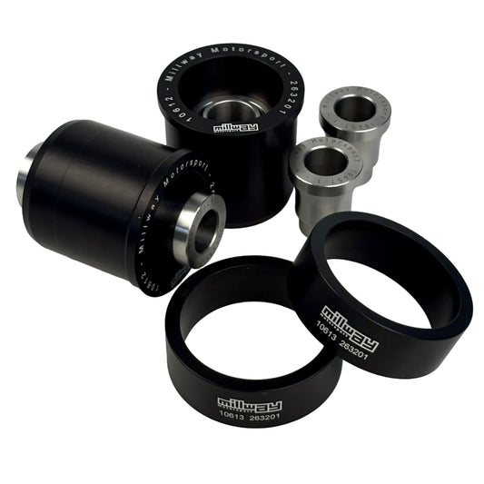 One pair, black, Millway inner lower rear bushing F-G-A-series on white backgound.