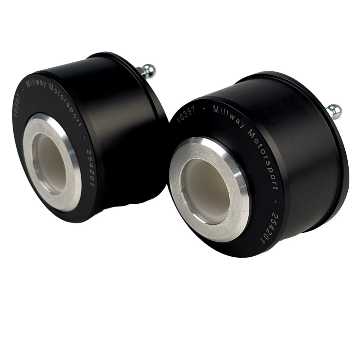 Millways Black and silver Front control arm bushing eccentric for BMW on white backgorund.