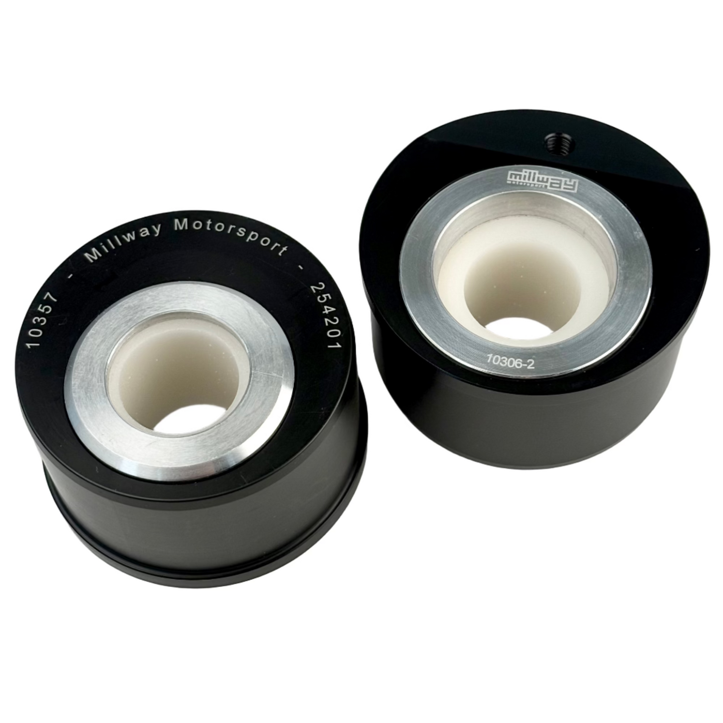 Millways Black and silver Front control arm bushing eccentric for BMW on white backgorund.