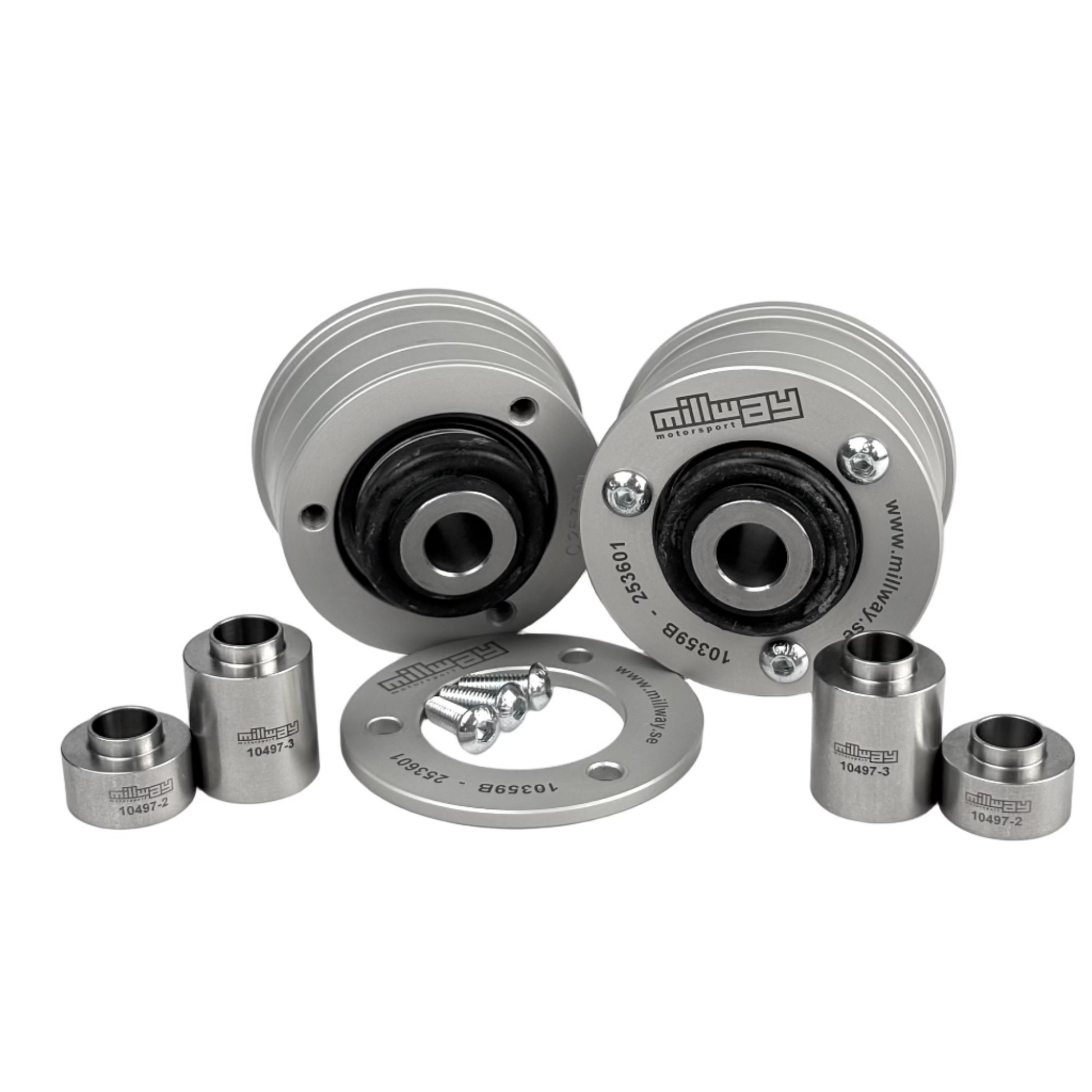 Millway bushing with lid, screws and adapters with white background.