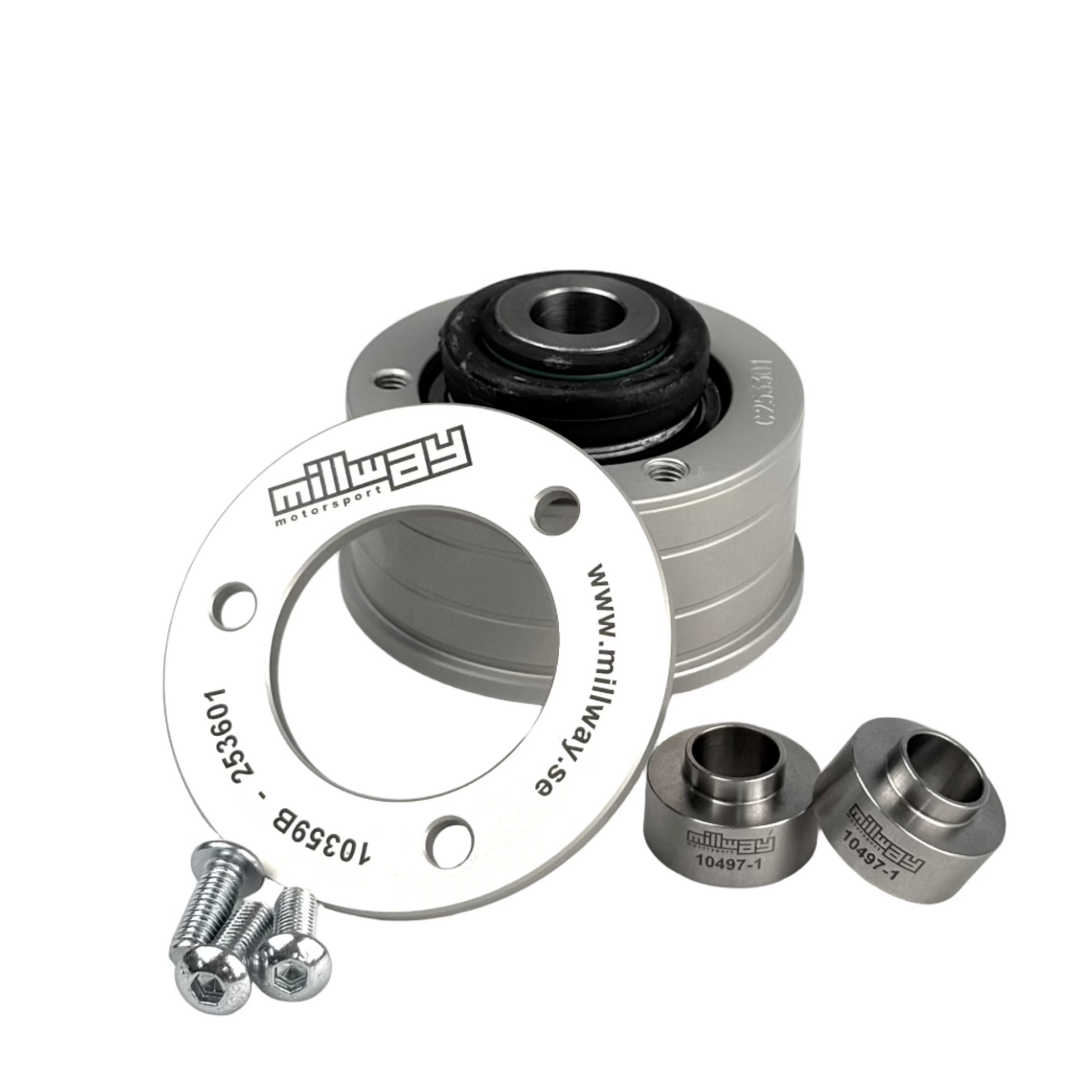 Millway bushing with lid, three screws and two adapters on white background.