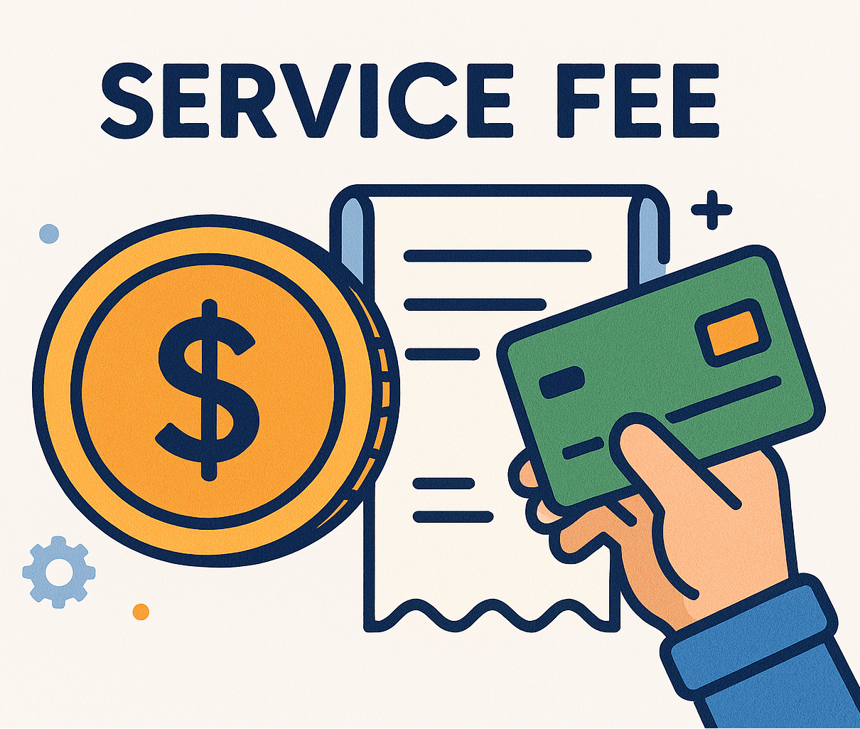 Illustration of a hand holding a credit card next to a dollar sign and text about service fee.